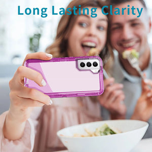 Transparent Hot Trend Vault Galaxy S21 Series shockproof case with two tempered glass screen protectors on a white background.