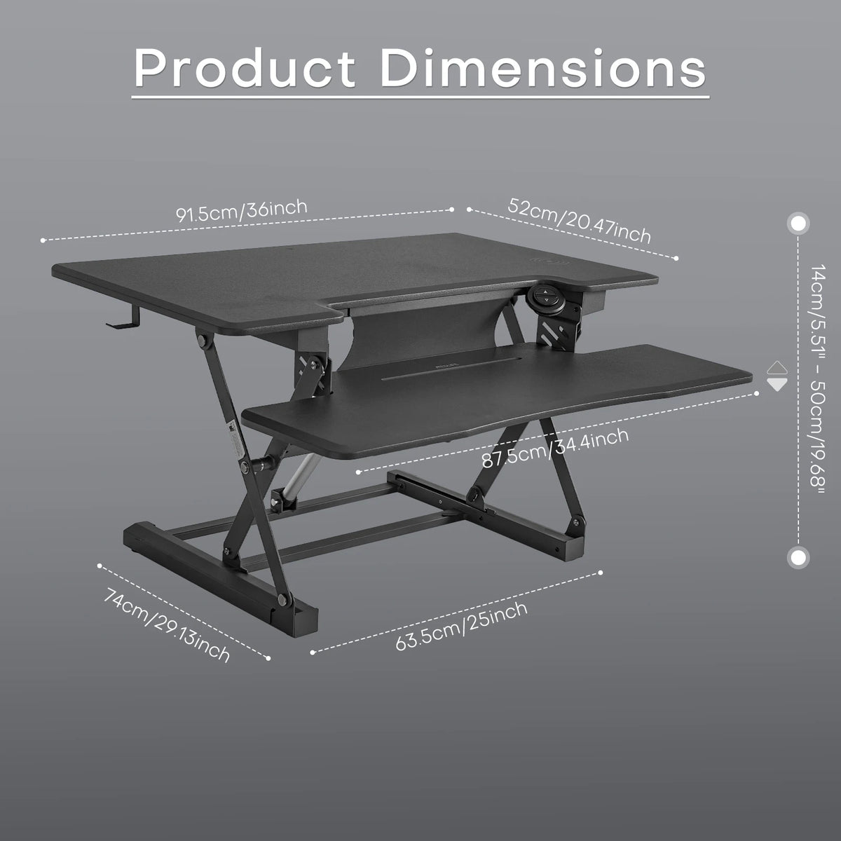 Redlife standing desk converter with built-in wireless charger from Hot Trend Vault, featuring a spacious work surface and ergonomic design.