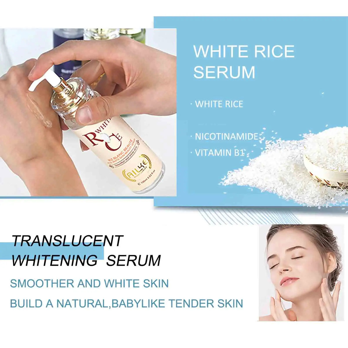 Hydrating AILKE Whitening Skin Care for women with dark spot treatment, featuring a sleek bottle and fresh, radiant skin.