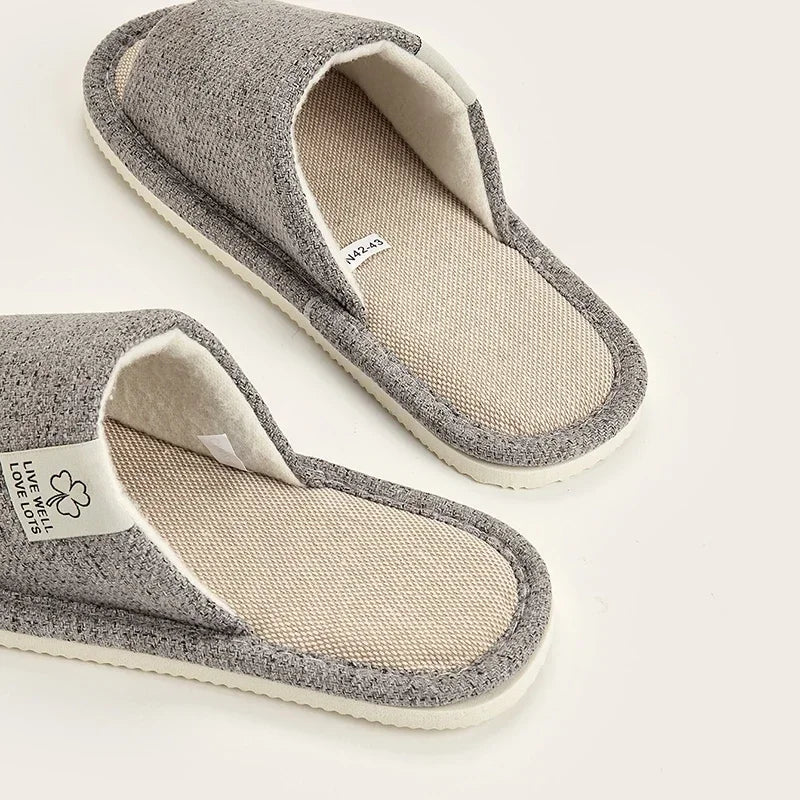Home Linen Slippers For Women Autumn Winter Comfortable Open Toed Breathable Bedroom Shoes For Men And Women