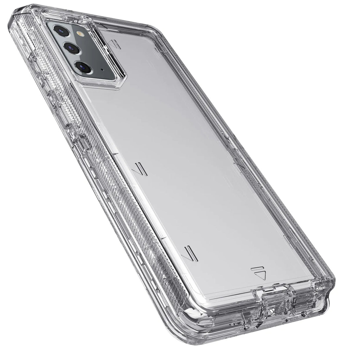 Hot Trend Vault Galaxy Note20 Ultra transparent shockproof case with two tempered glass screen protectors, shown on a white background.