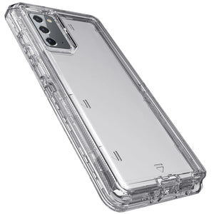 Hot Trend Vault Galaxy Note20 Ultra transparent shockproof case with two tempered glass screen protectors, shown on a white background.