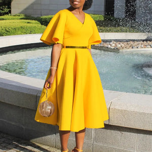 Elegant Dresses for Women V Neck Flare Sleeve High Waisted Pleated A Line Mid Calf Luxury Birthday Party Dinner Vestidos Mujer