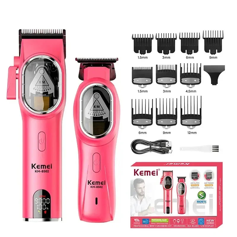Kemei KM-8502 cordless hair clipper kit with attachments for home grooming, shown with clipper and accessories.