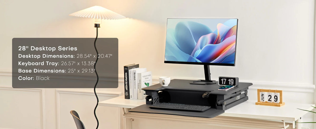 Redlife standing desk converter with built-in wireless charger for office use, featuring a sleek design and adjustable height.