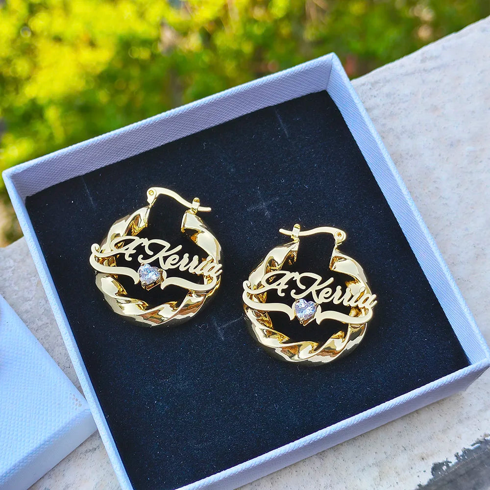 2 Pcs Set Custom Name Jewelry Set Personalized Birthstone Name Necklace 30mm/50mm Heart Bamboo Hoop Earrings for Christmas Gift