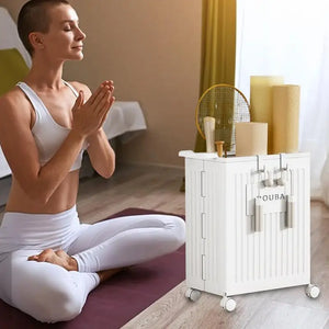Hot Trend Vault yoga mat storage with wheels, folding organizer for yogis, featuring handles and compact design for easy transport and storage.