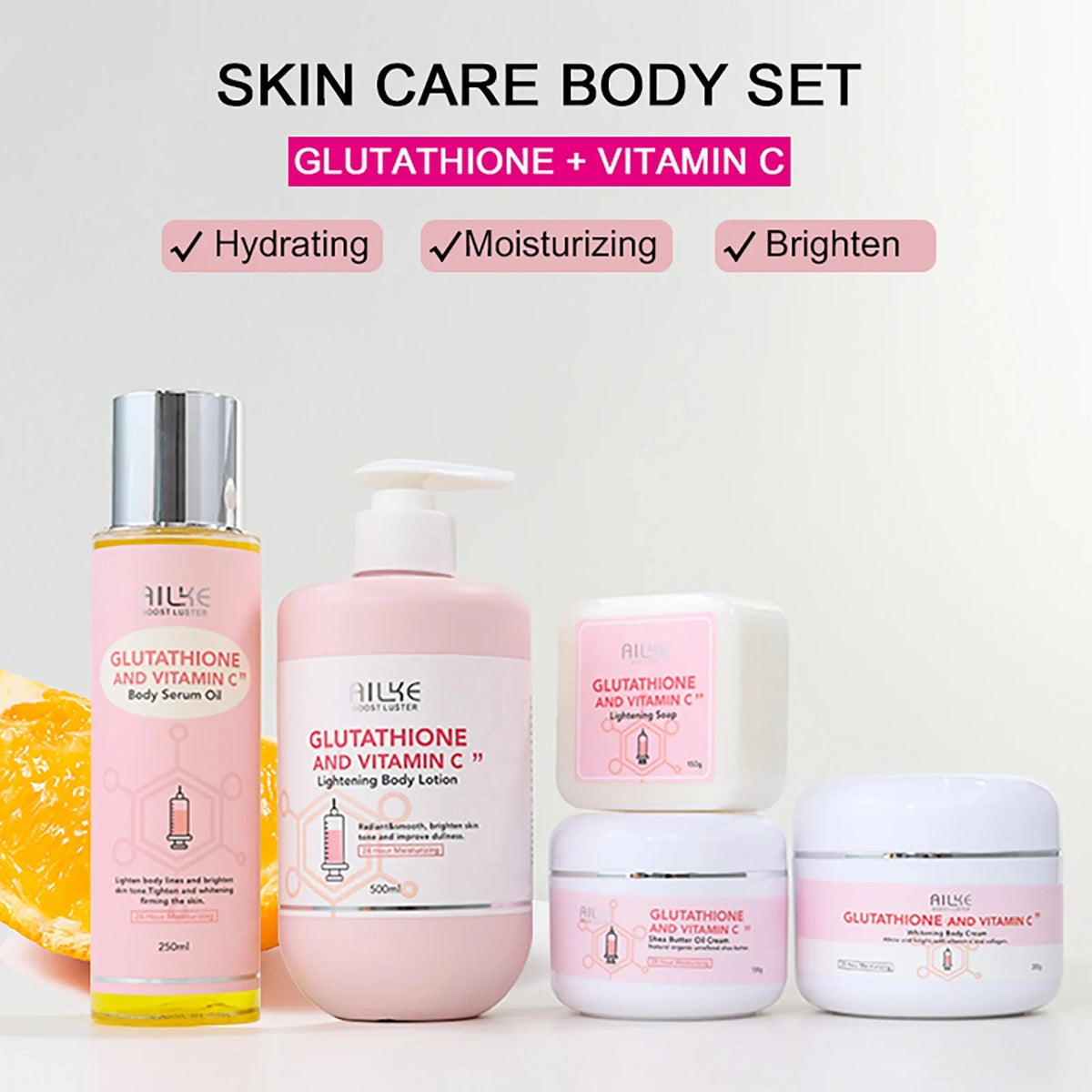 Hot Trend Vault AILKE Whitening Skin Care Set for women with organic vitamin C, featuring brightening and hydrating skincare products.