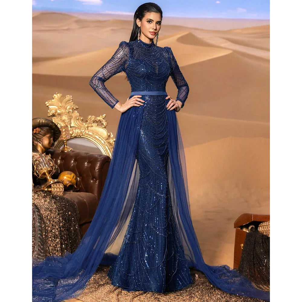 Elegant Wedding Evening  Dress for Women 2025 Muslim Long Sleeves Mermaid Detachable Train Sequined Prom Party Gown Customized