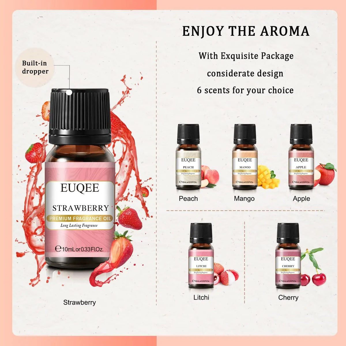Set of six 10ml fragrance oil bottles for men and women by Hot Trend Vault, featuring assorted scented oils in clear glass bottles.