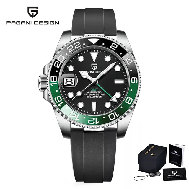 Luxury PAGANI DESIGN GMT men's watch with 40mm sapphire crystal, automatic movement, in a sleek design.