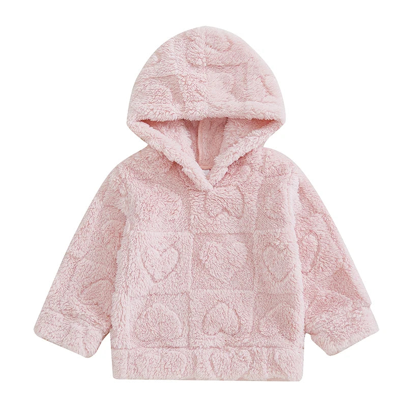 Emmababy girls plush hooded sweatshirt with long sleeves and heart pattern, cozy autumn winter hoodie by Hot Trend Vault.