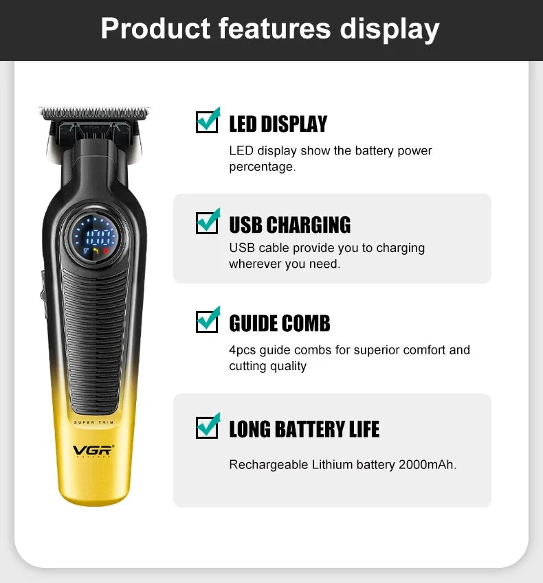 Hot Trend Vault cordless men's hair trimmer with LED display and 2000mAh battery, professional barber clipper for grooming.