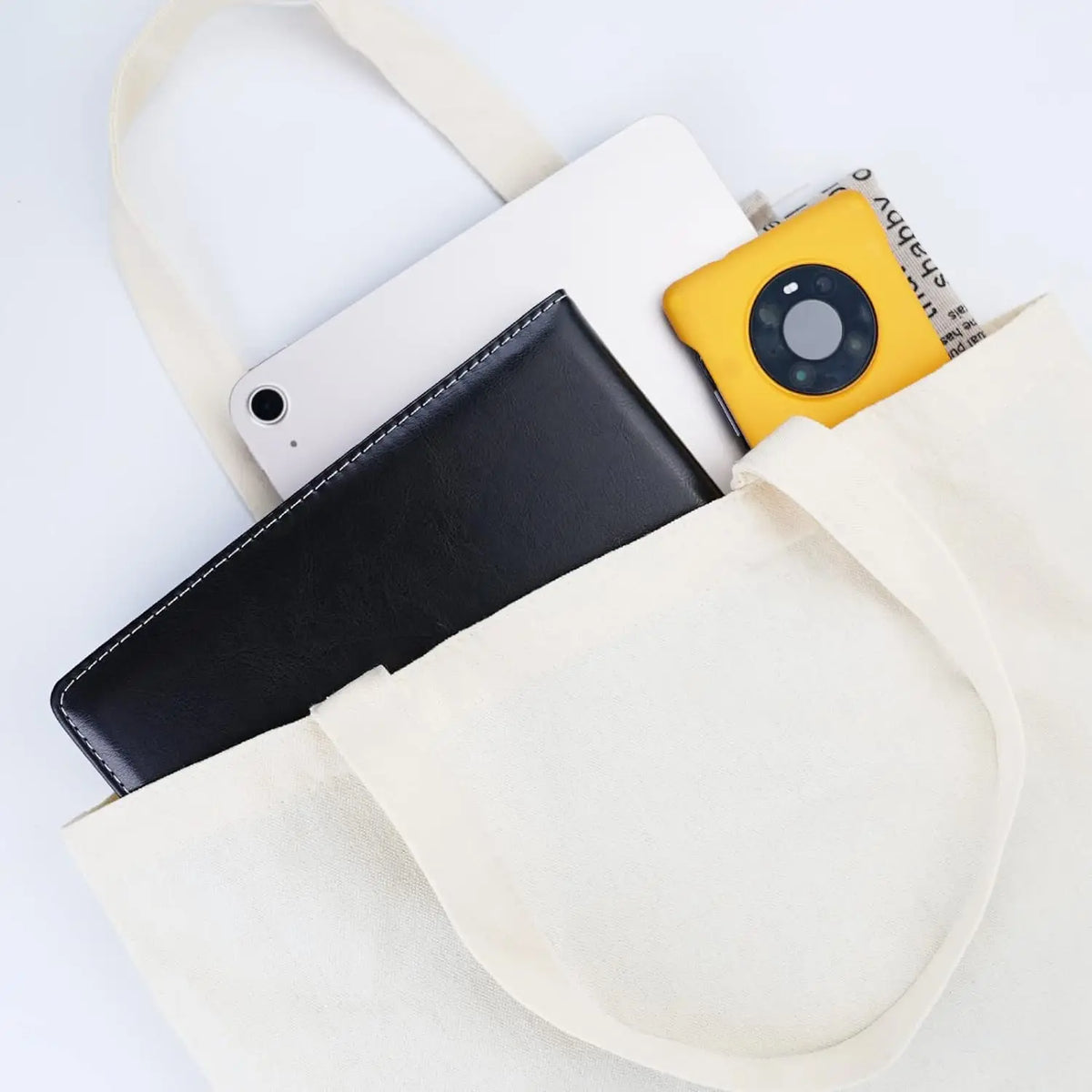 Set of six durable canvas tote bags by Hot Trend Vault, reusable eco-friendly grocery bags for eco-conscious shoppers.