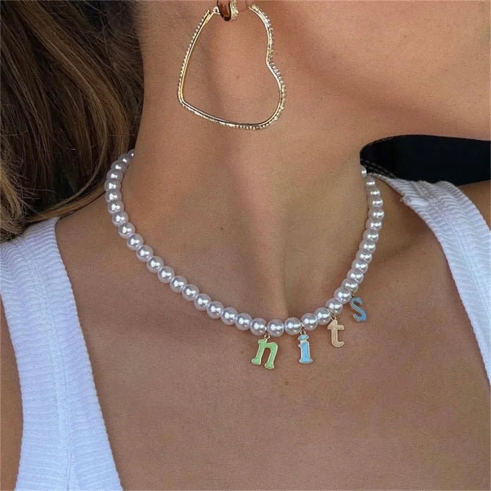 Colorful pearl letter necklace for women by Hot Trend Vault, stainless steel gold-tone personalized jewelry with vibrant pearl accents