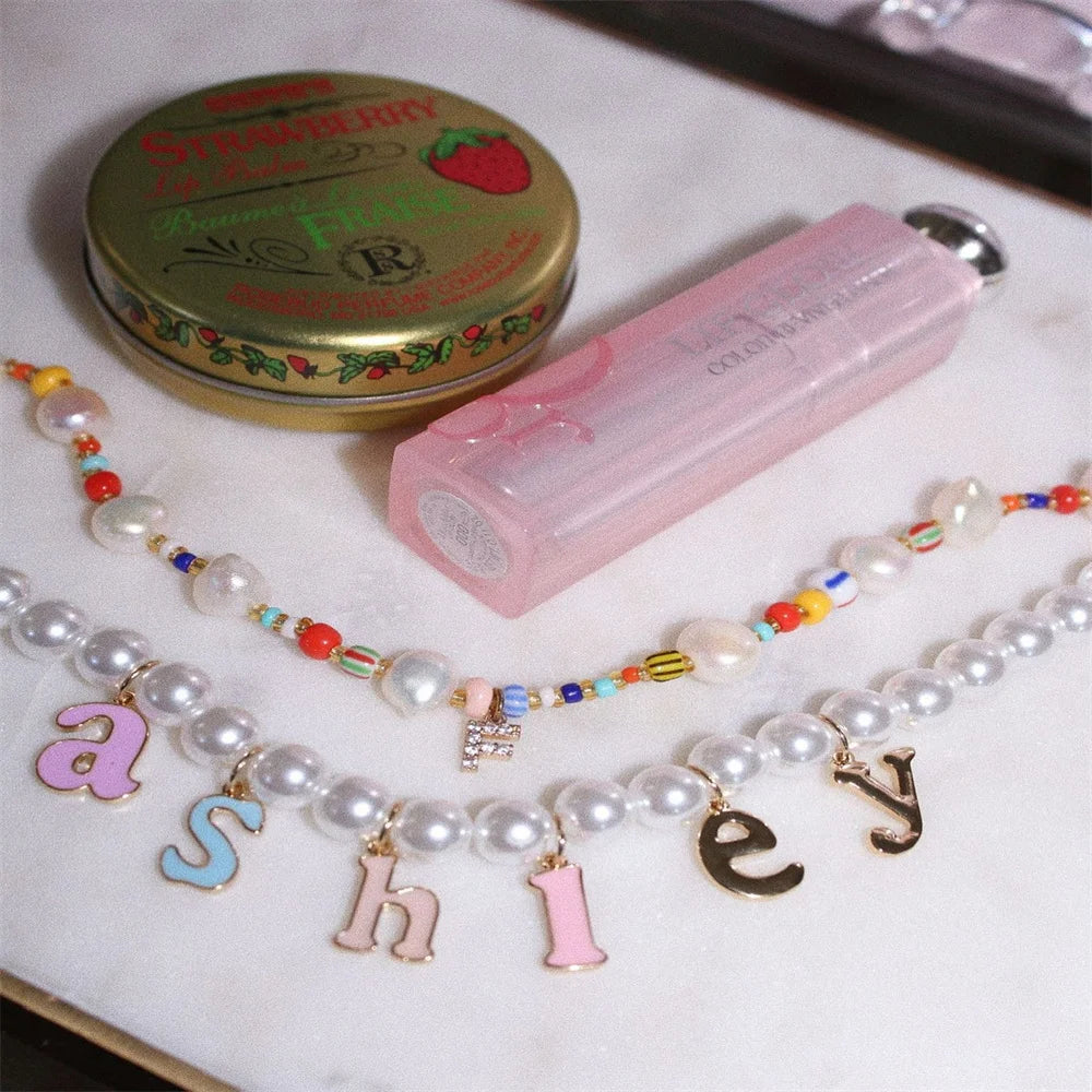 Custom Pearl Colorful Letter Necklace For Women Gold Color Stainless Steel Personalized Customized Necklace Fashion Jewelry Gift