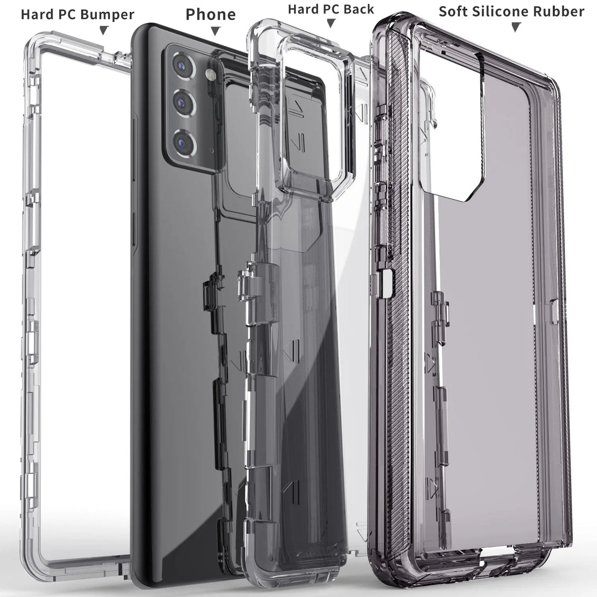 Hot Trend Vault Galaxy Note20 Ultra transparent shockproof case with two tempered glass screen protectors, showing the clear rugged phone cover.