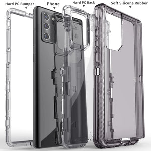 Hot Trend Vault Galaxy Note20 Ultra transparent shockproof case with two tempered glass screen protectors, showing the clear rugged phone cover.