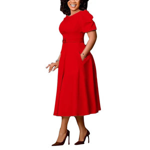 Elegant Dresses for Women 2026 New O Neck Short Sleeve Belt Waisted Pleated Mid Calf Fashion Ladies Birthday Party Dinner Dress