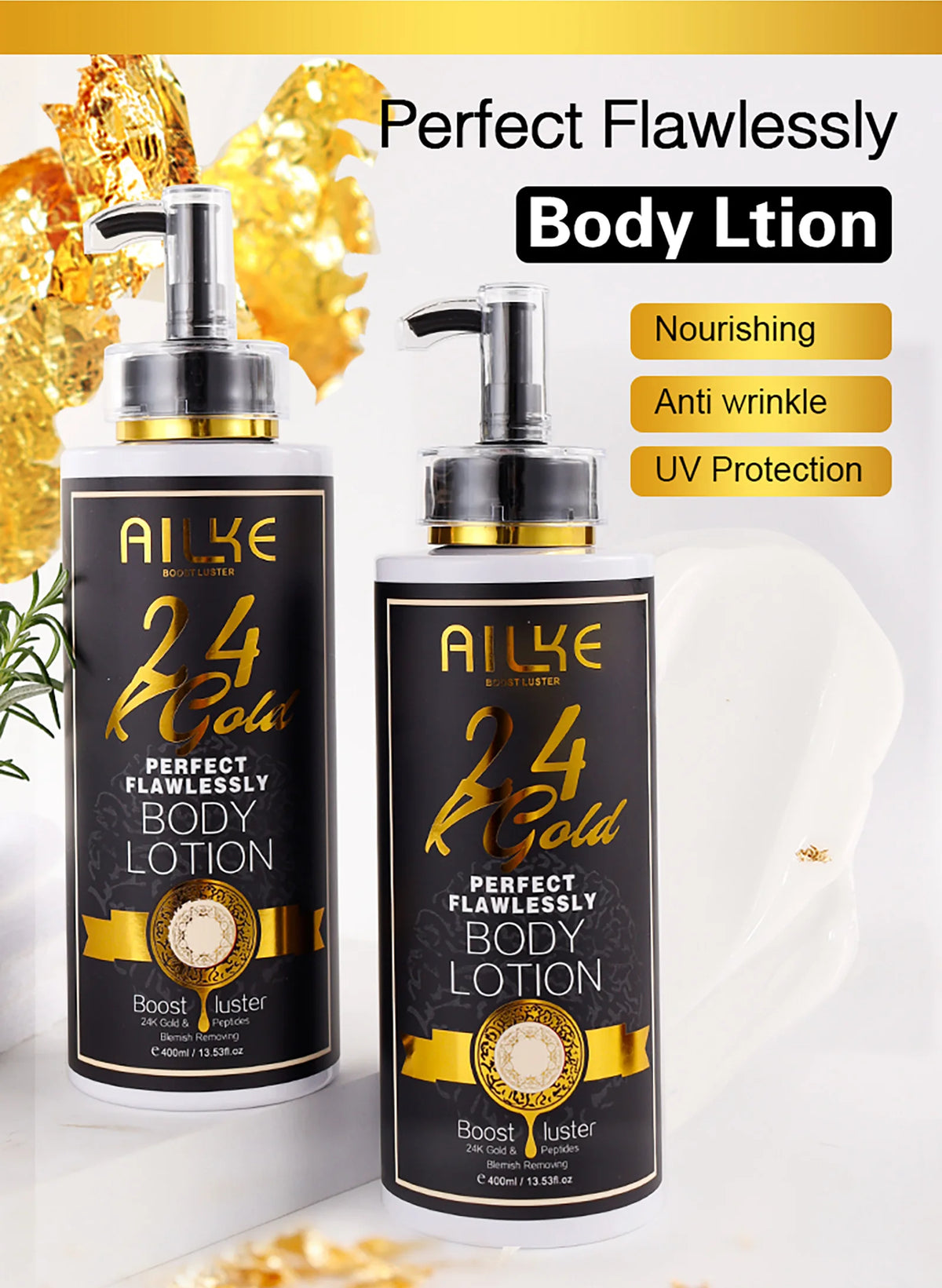AILKE 24K Gold Collagen Whitening facial cream in a sleek jar with gold accents, designed to enhance skin brightness and elasticity.
