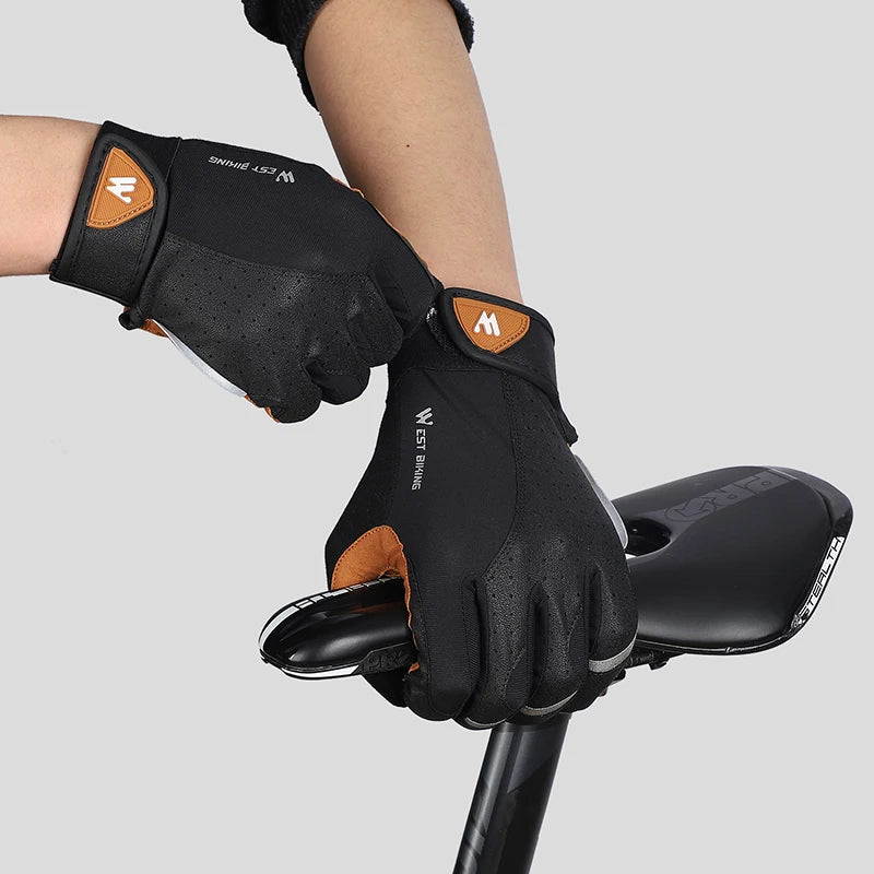 West Biking full finger cycling gloves by Hot Trend Vault, synthetic leather and Lycra, designed for men and women, all-season grip.