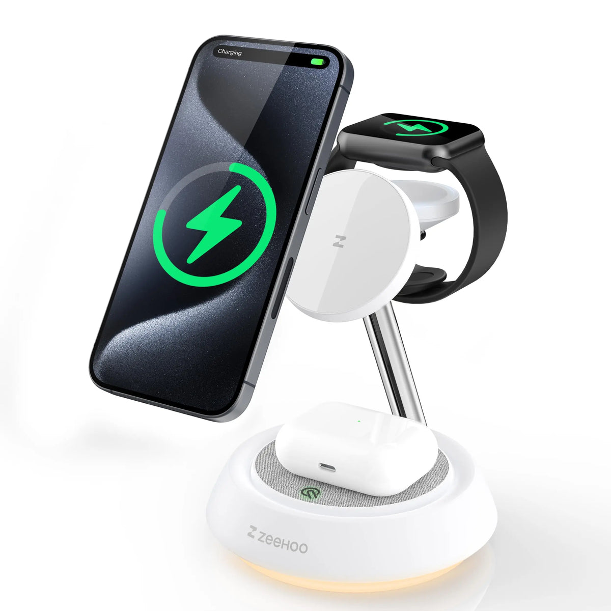 Hot Trend Vault ZeeHoo 3-in-1 wireless charging station with night light, fast 15W charging for iPhone, Apple Watch, and AirPods.