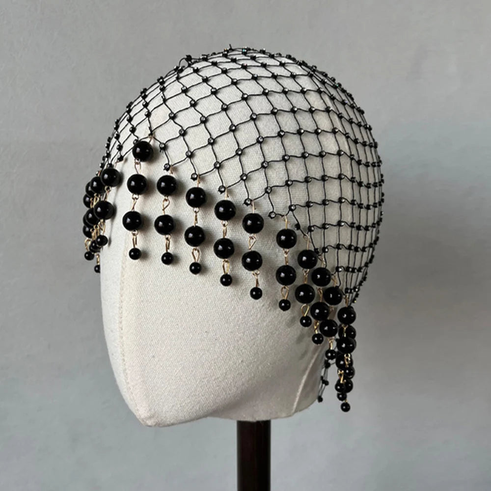 Handmade Stone Fans bridal pearl tassel hair accessory with geometric mesh headpiece for women, featuring intricate design and elegant details.