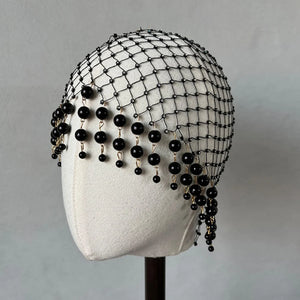 Handmade Stone Fans bridal pearl tassel hair accessory with geometric mesh headpiece for women, featuring intricate design and elegant details.