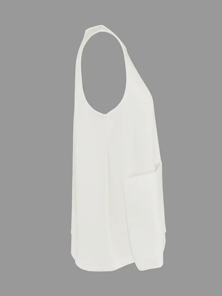 White Sleeveless Tops for Women Pockets Vest Tops 2025 New Fashion Round-Neck A-Line Loose Casual Summer T-shirts