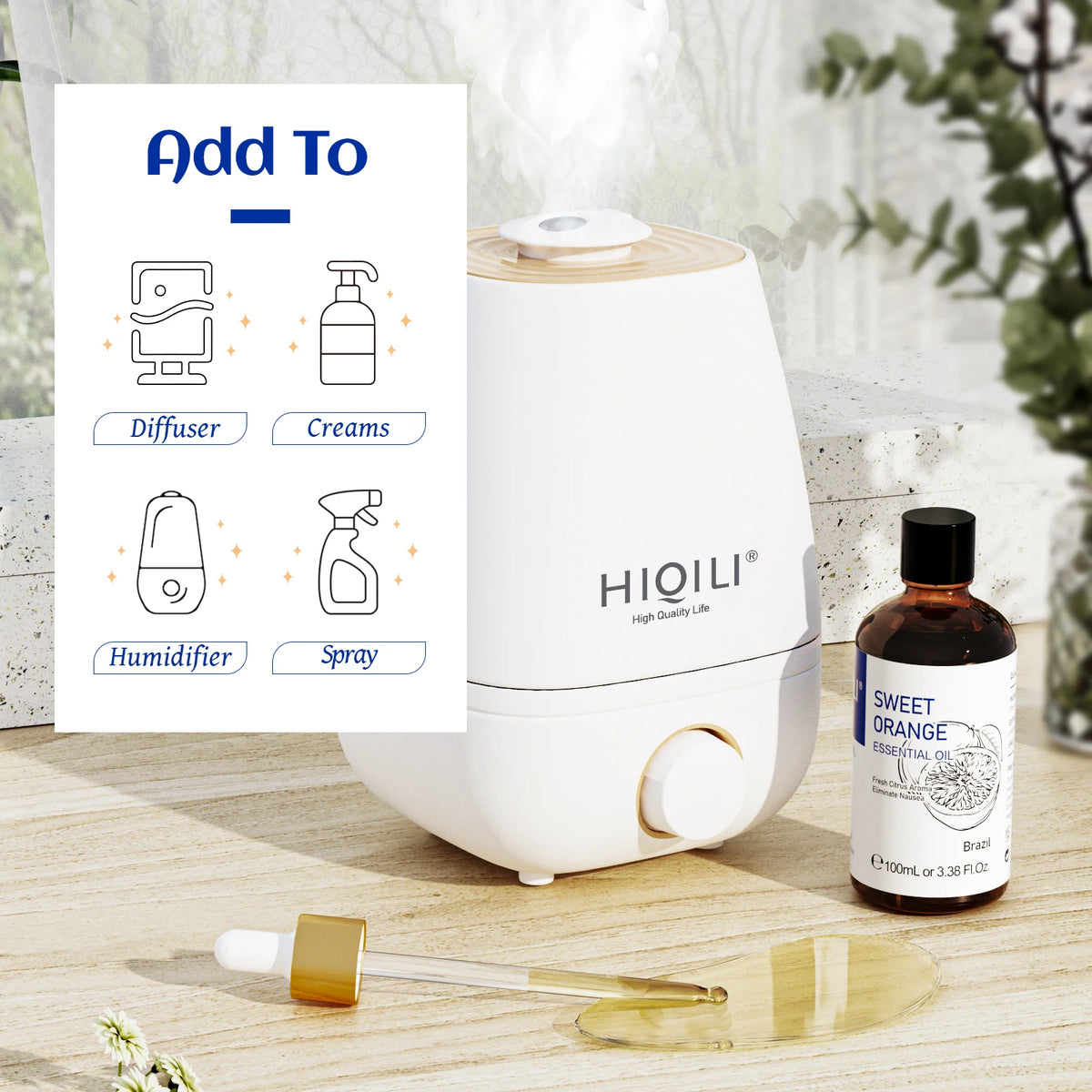 Hot Trend Vault HIQILI essential oil blend 100ml calming diffuser surrounded by spa fans in a relaxing setting.