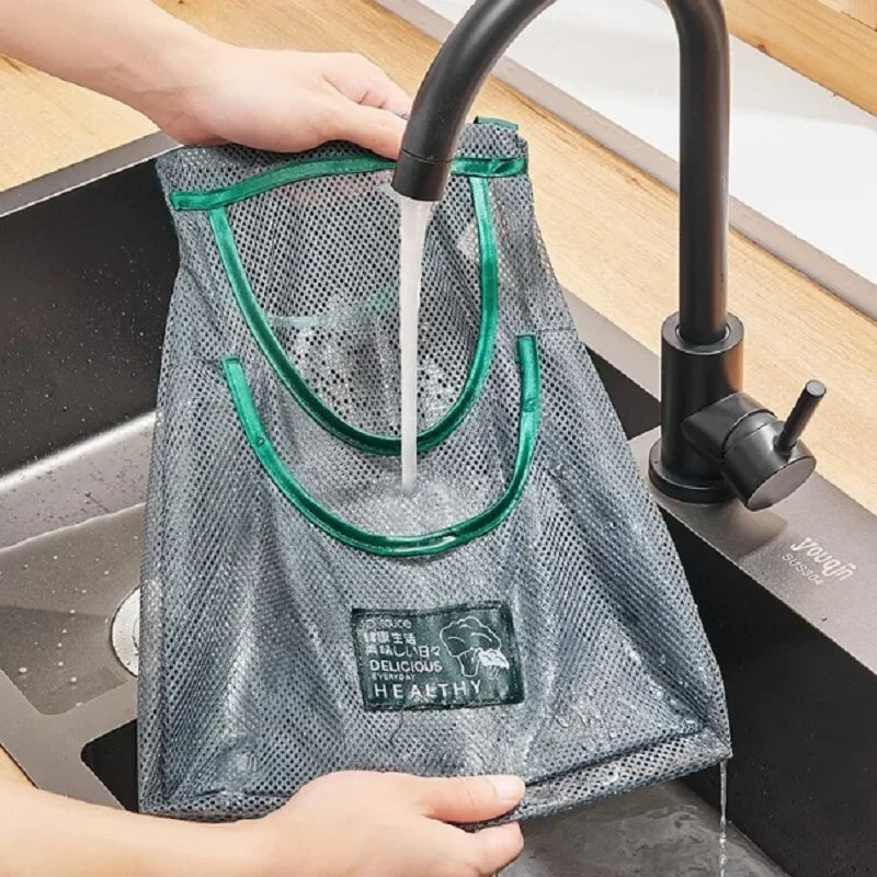 Reusable mesh storage bag from Hot Trend Vault for kitchen onions, garlic, and potatoes, hanging net bag for home cooks.