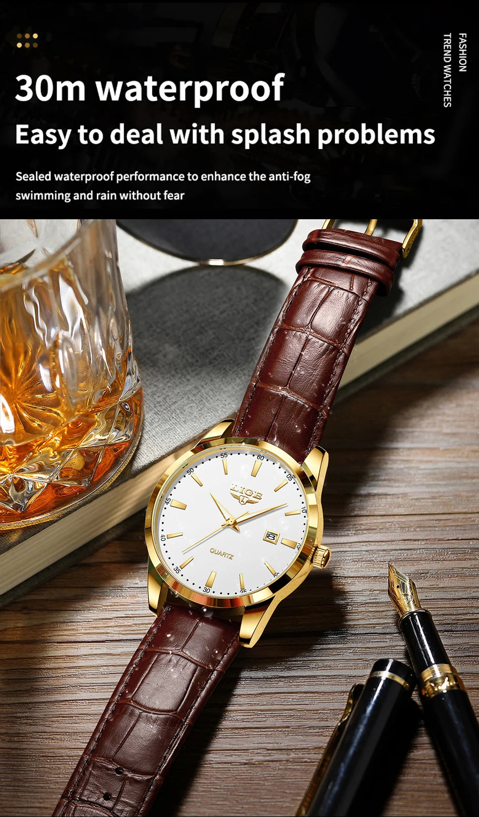 Men's LIGE leather chronograph watch with waterproof and military-style design, featuring a black dial and brown leather strap.