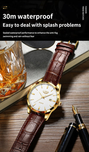 Men's LIGE leather chronograph watch with waterproof and military-style design, featuring a black dial and brown leather strap.