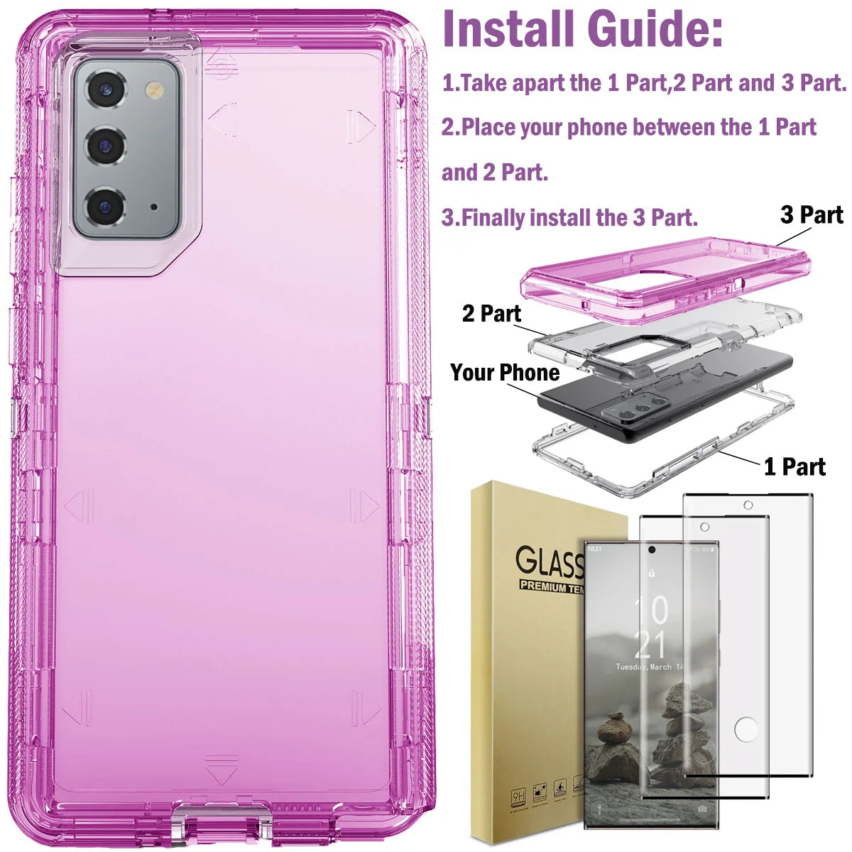 Hot Trend Vault Galaxy Note20 Ultra transparent shockproof case with two tempered glass screen protectors, showing the slim, protective design.