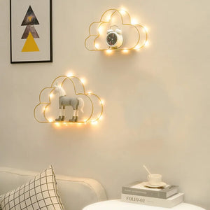 Iron cloud wall decor shelf for potted plants, mounted storage rack in a chic bedroom setting, by Hot Trend Vault