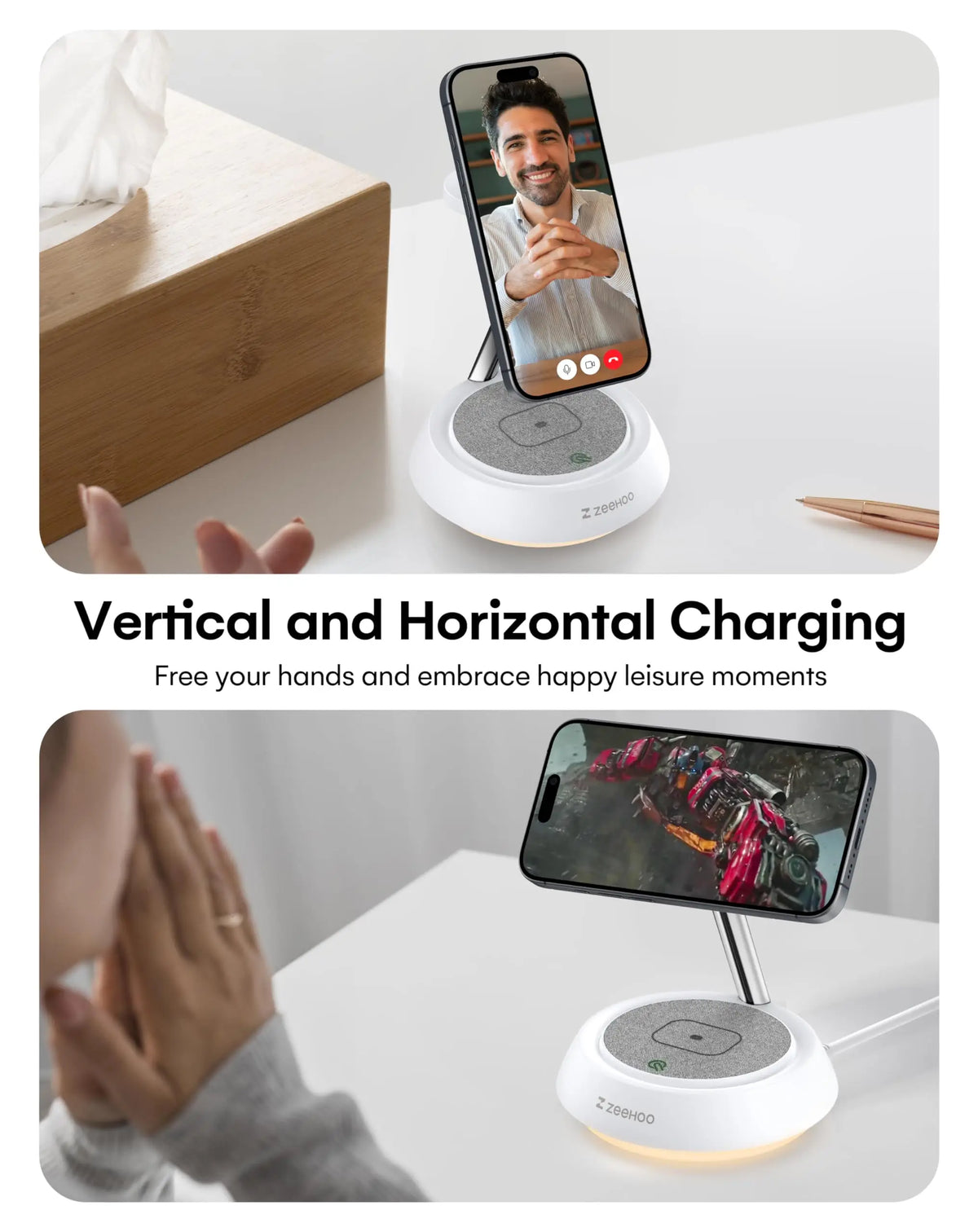 Hot Trend Vault ZeeHoo 3-in-1 wireless charging station with night light, fast 15W charger for iPhone, Apple Watch, and AirPods.