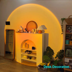 Hot Trend Vault USB Sunset Light Rainbow Projection Lamp displays vibrant sunset colors, perfect for bedroom decor and selfies.