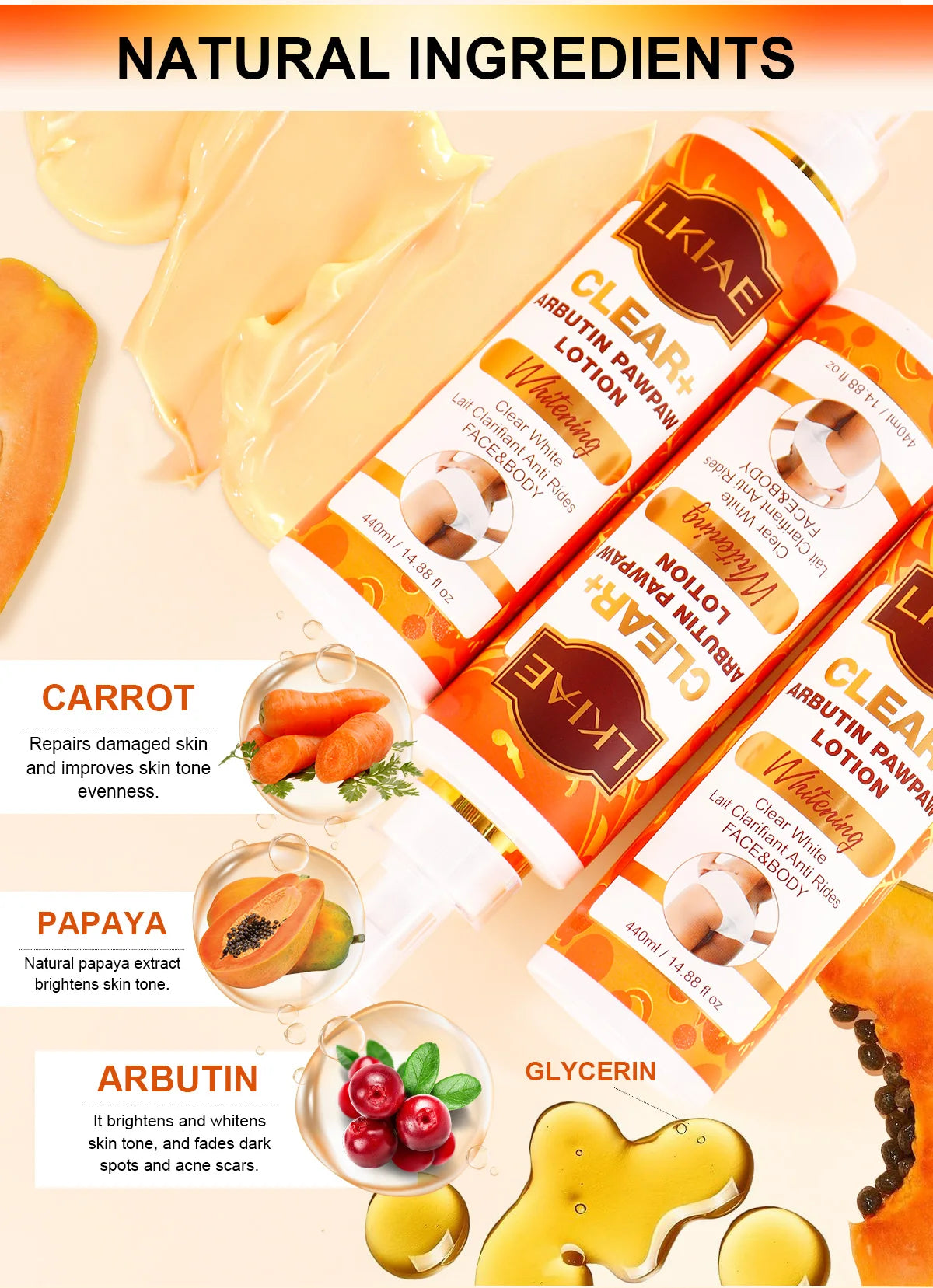 Hot Trend Vault Arbutin whitening cream with vitamin C, papaya, and carrot for dark spot removal and radiant, moisturized skin.