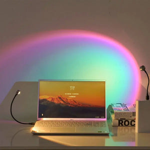 Hot Trend Vault sunset lamp projector with USB rainbow night light creating romantic, colorful lighting for cozy ambiance.
