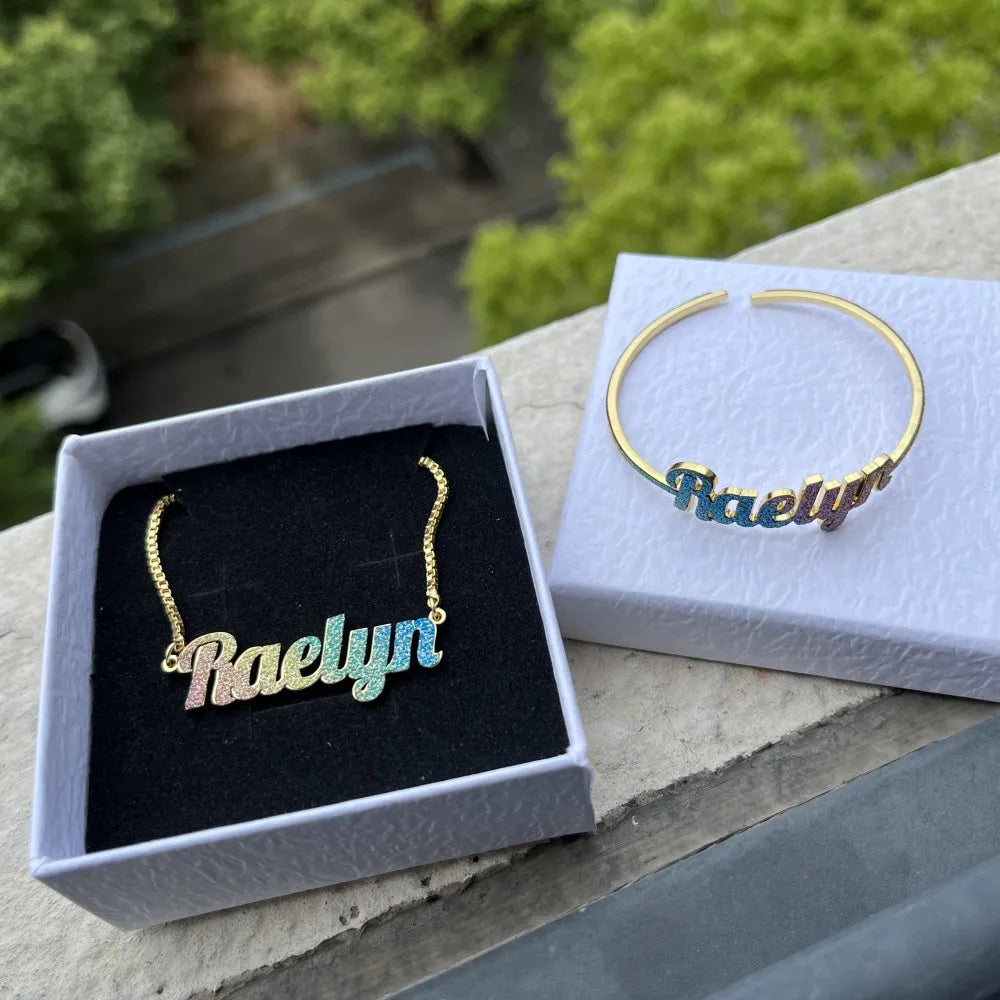 DUOYING Custom Name Necklace Colorful Dainty Glitz Glam Nameplate Bangles Cuff Stainless Steel Gold Jewelry Set For Kids
