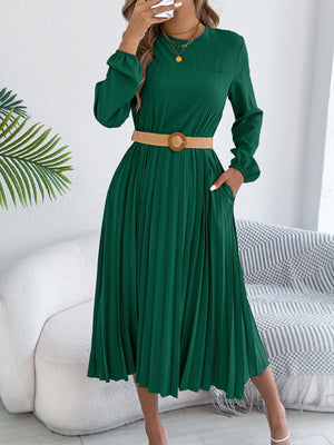 Elegant Dress Woman 2025 Retro Solid Color Round Neck Long Sleeve Pleated Dress without Belt 2025 Autumn Winter Women Clothing
