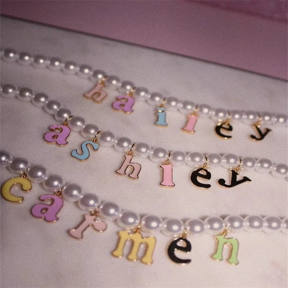Custom Pearl Colorful Letter Necklace For Women Gold Color Stainless Steel Personalized Customized Necklace Fashion Jewelry Gift