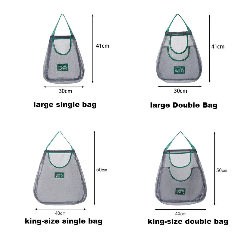 Reusable mesh storage bags for vegetables by Hot Trend Vault, hanging in a kitchen for fresh produce organization.