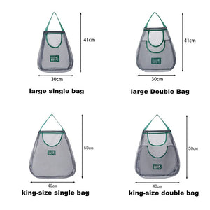 Reusable mesh storage bags for vegetables by Hot Trend Vault, hanging in a kitchen for fresh produce organization.
