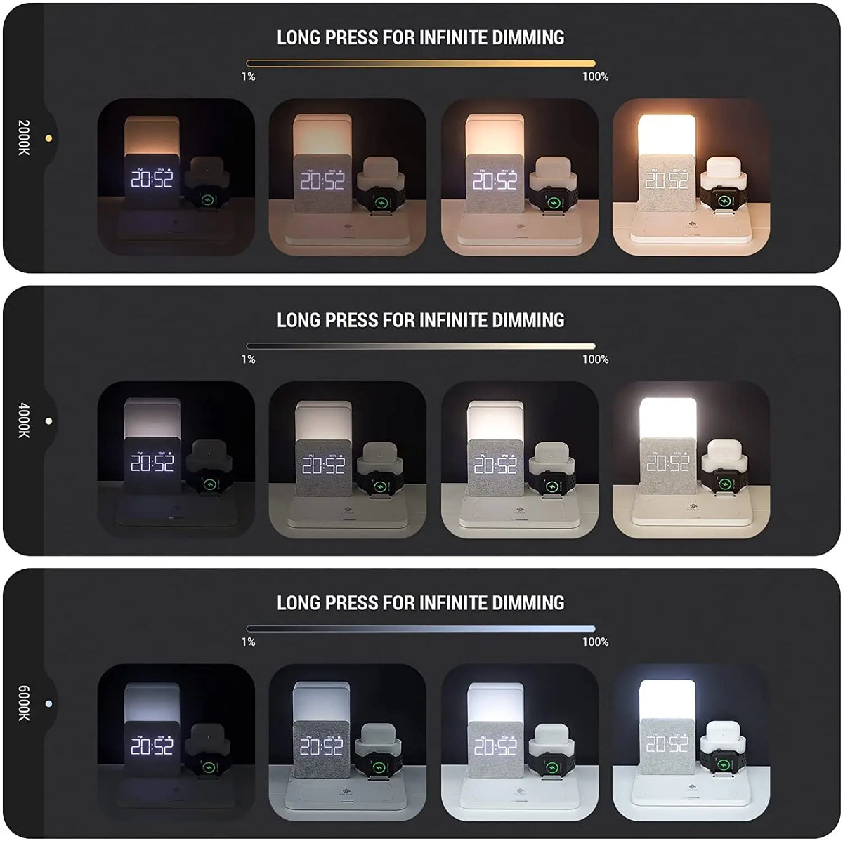 Hot Trend Vault wireless charging stand for iPhone with fast charging capability, shown holding an iPhone on the stand.