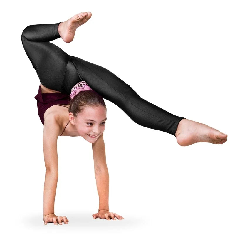Girls shiny metallic ballet leggings by Hot Trend Vault, breathable high-elastic dance pants for costumes and performance.
