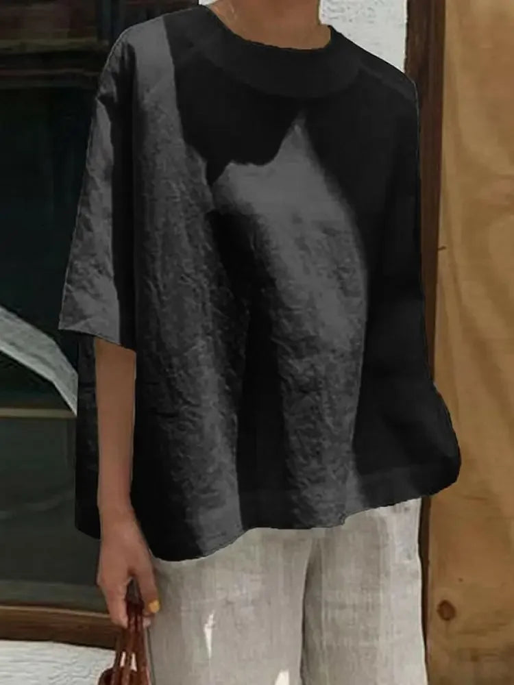 Women Summer Fashion Solid Color Round-Neck Linen T-Shirts Simple Half Sleeves Loose Casual Going Out Tops 2025 New