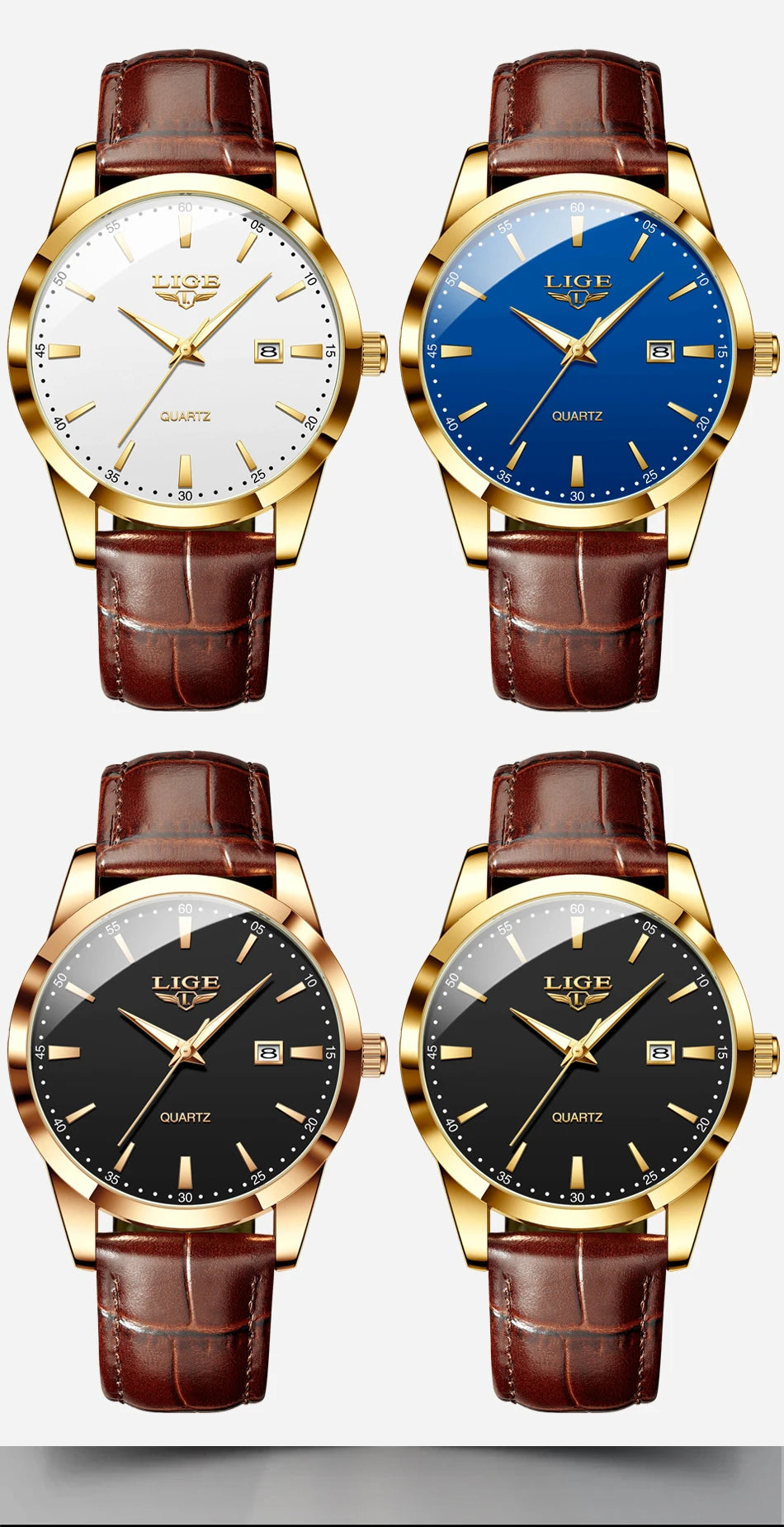 LIGE men's leather chronograph watch with waterproof and military-style design, showcasing a sleek black dial and leather strap.