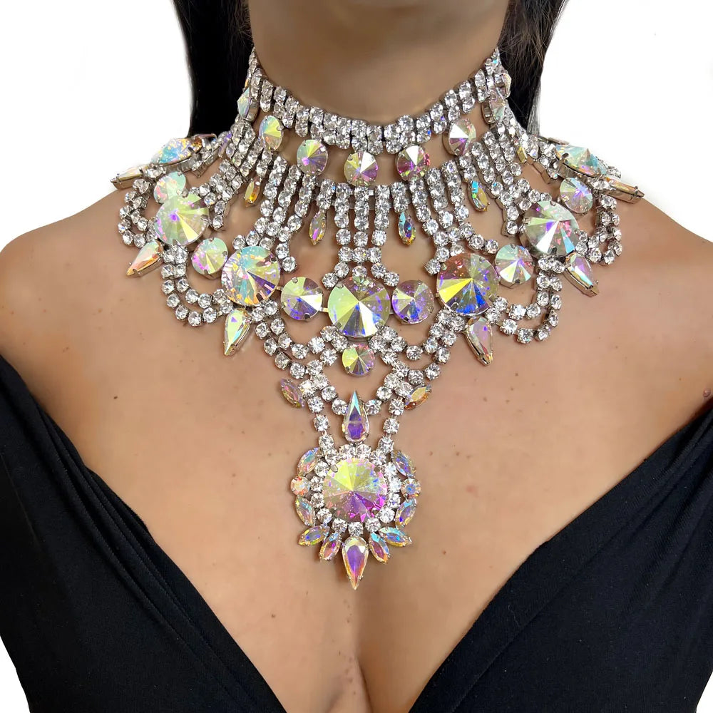 Fashion Exaggerated AB Necklace Luxury Designer Massive Women Massive Geometry Statement Necklace Party Jewelry Accessories Gift