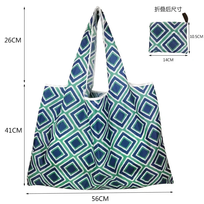 Reusable foldable shopping bag by Hot Trend Vault, large eco-friendly tote with sturdy handles and washable fabric.